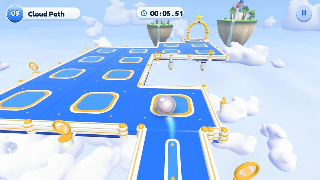 Gameplay from Chapter 1, level Cloud Path: the glass ball on a blue tiled track with floating islands around it.