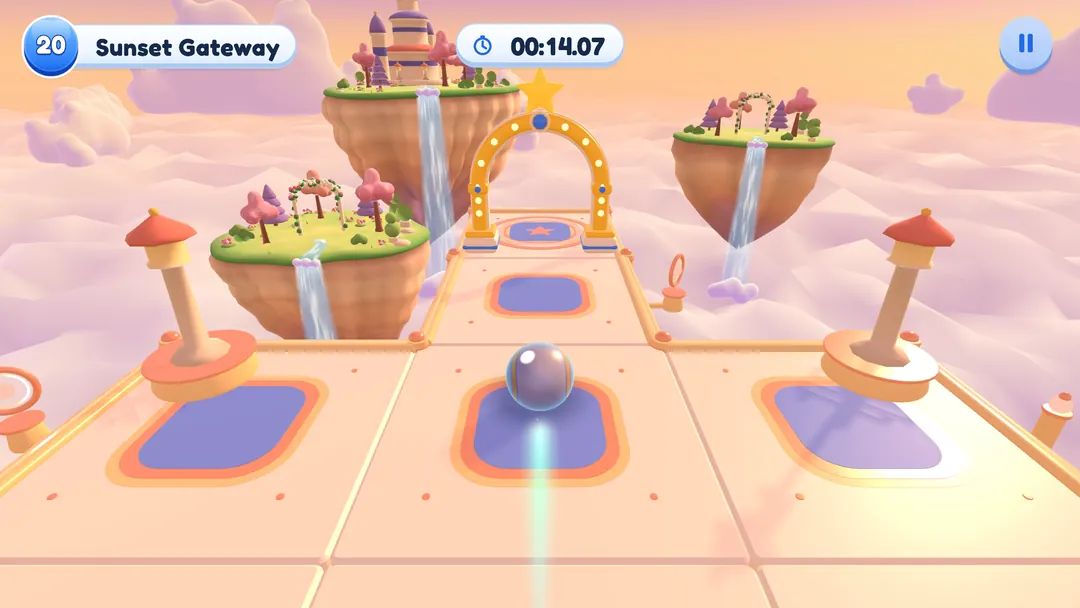 Gameplay from Chapter 2, level Sunset Gateway: peach tiles, pink clouds and the golden finish arch.