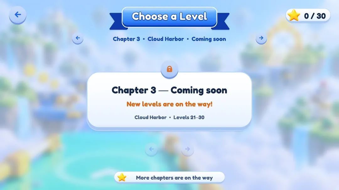 Level select in the development build, showing Chapter 3, Cloud Harbor, as coming soon.